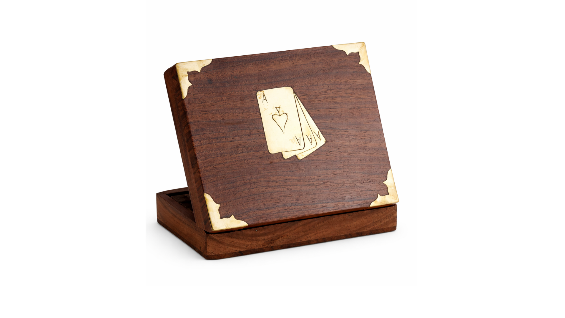 Wooden playing card storage box with brass work