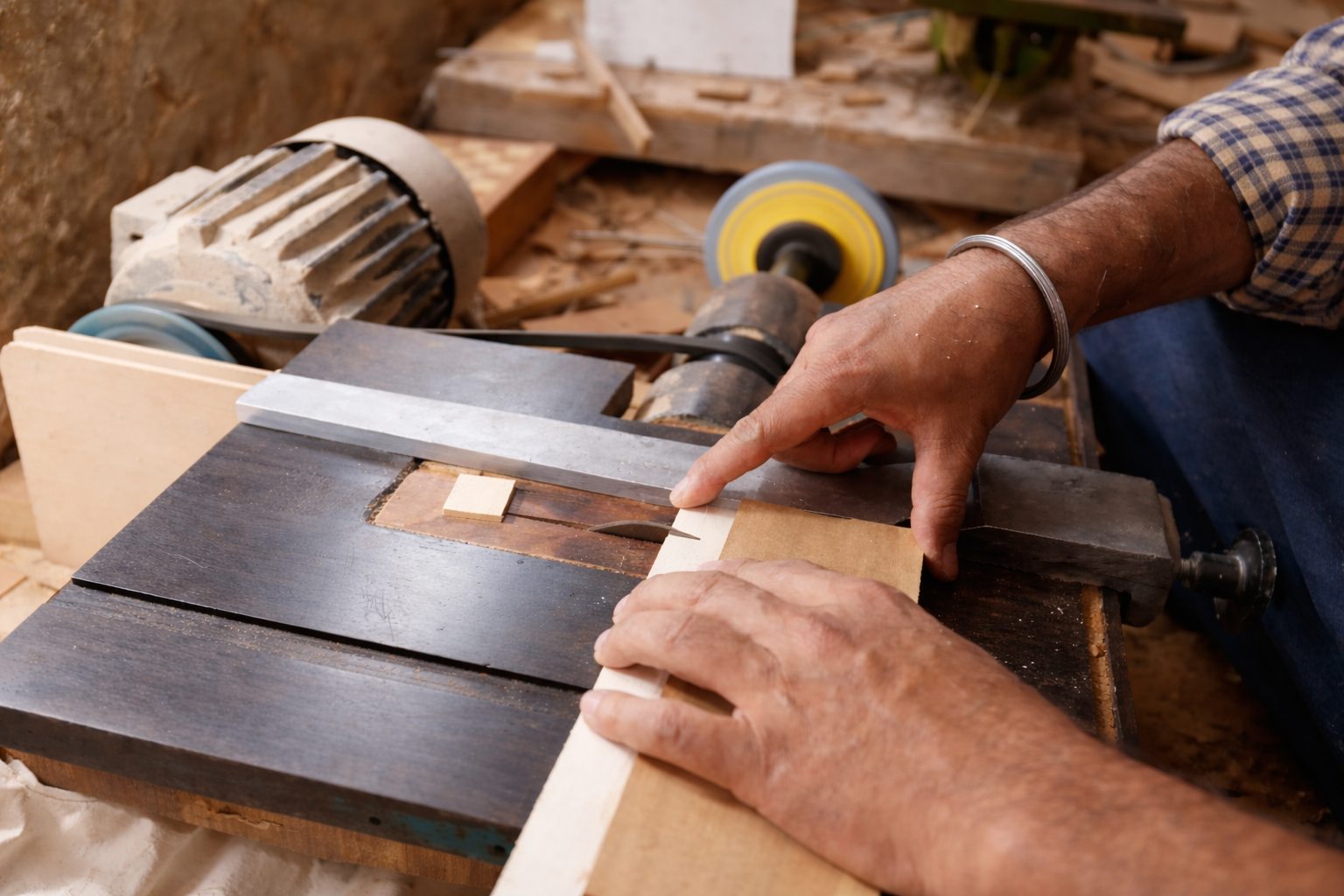 craftmman craftsman working on wooden chess board manufacturing